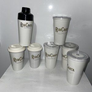lot of 6 travel cups 2 ceramic coffee mugs 4 Plastic & 1 drink shaker Rum Chata